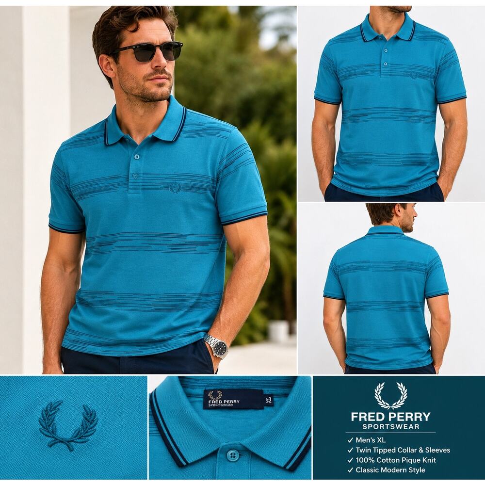 Fred Perry Polo Shirt Mens XL Turquoise Cotton Twin Tipped Pique Knit Golf